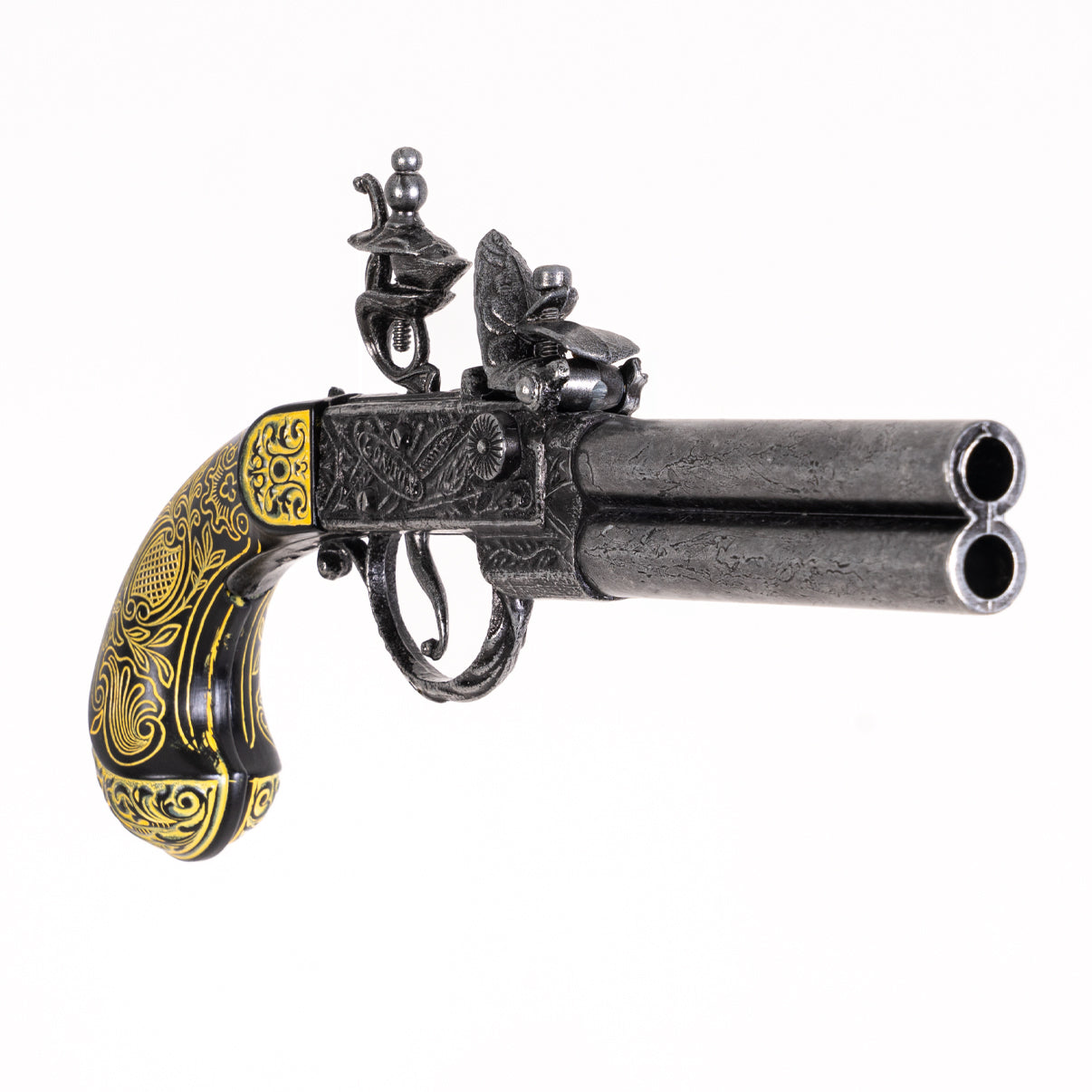 Front view of double barrels along with two flintlock mechanisms handle is beautifully etched as is silver pistol body