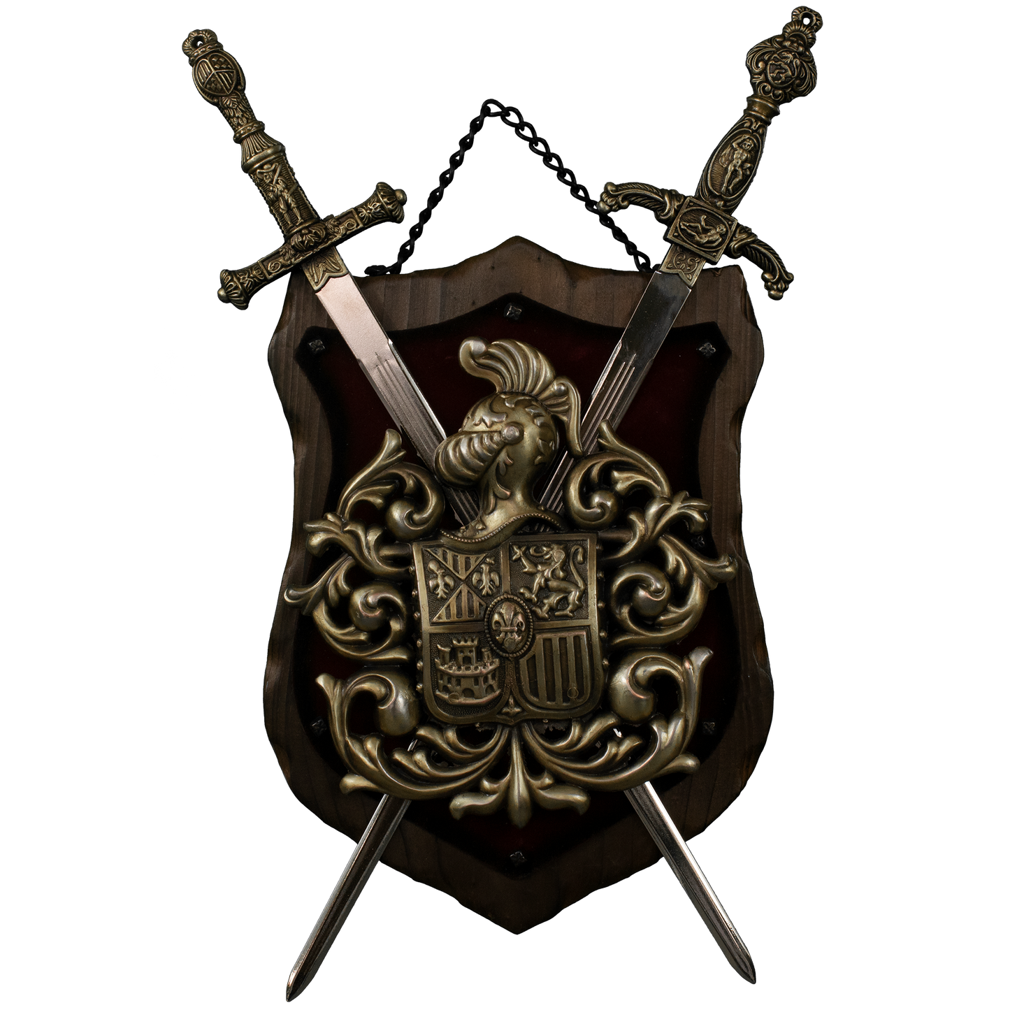 Wooden shield with coat of arrms and side view of knights helment with crossed swords creating a pleasing coat of arms.