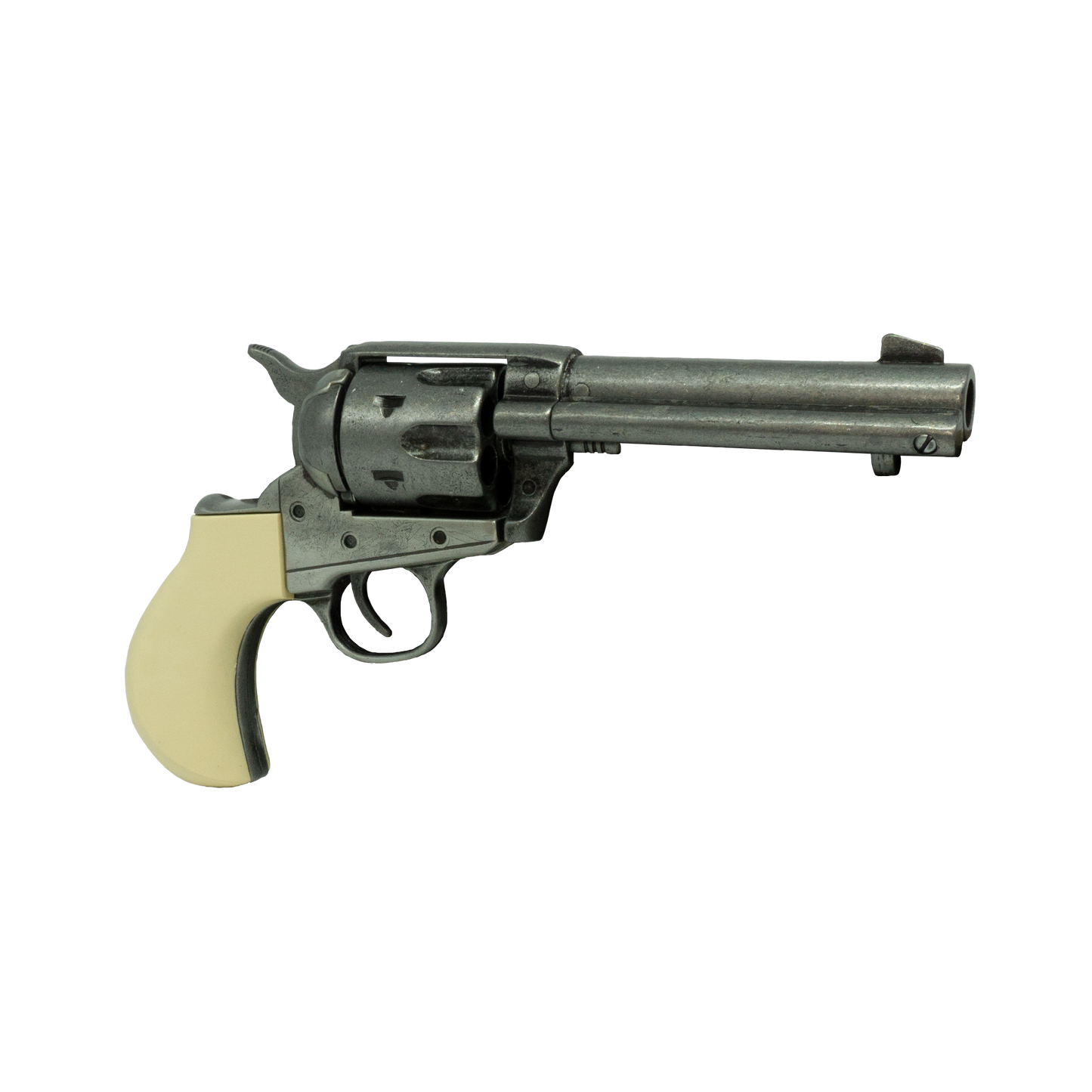Right hand view of antiqued pewter color Thunderer revolver with a faux Ivory birdshead grip.