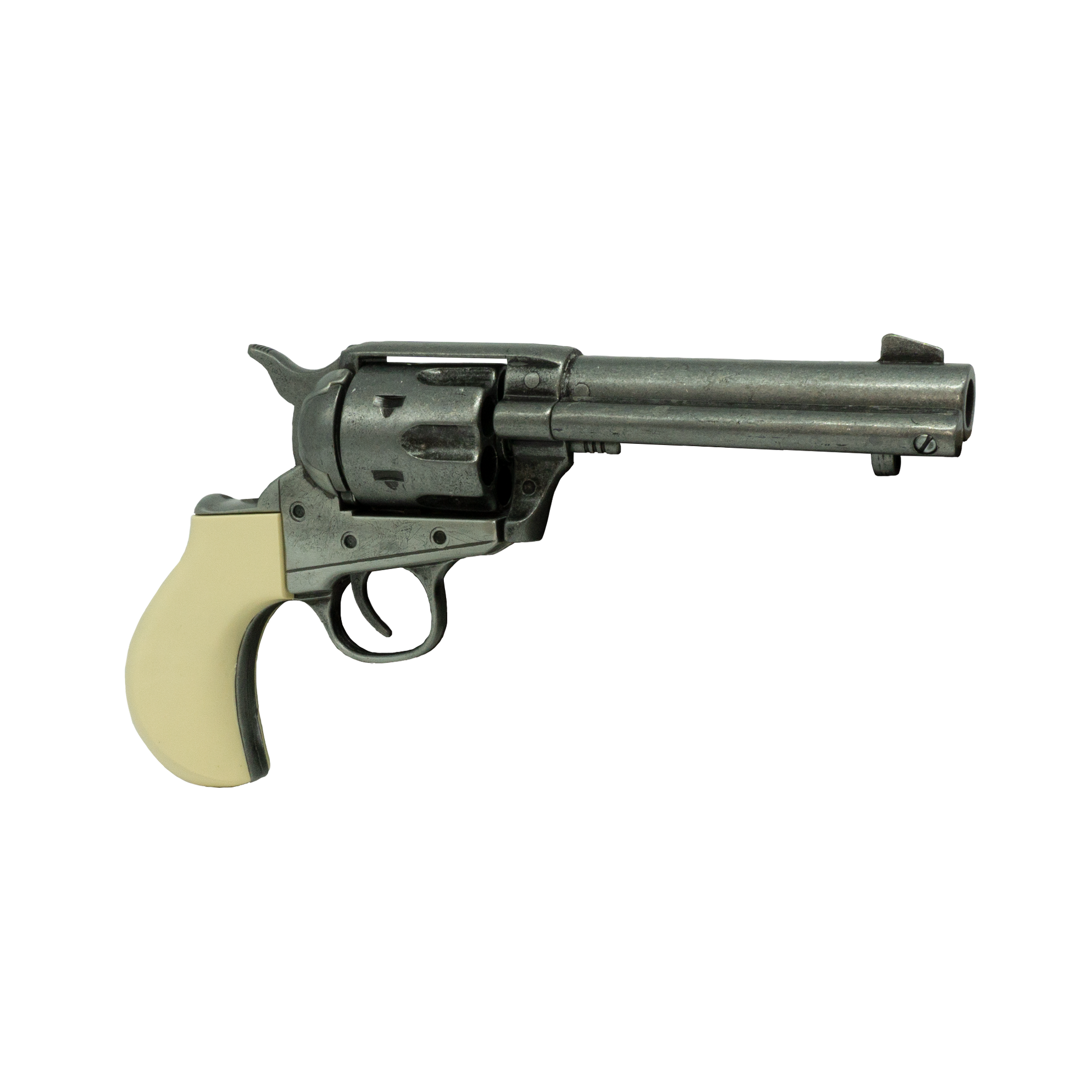 Right hand view of antiqued pewter color Thunderer revolver with a faux Ivory birdshead grip.