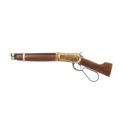 Left side view of Mare's Leg Rifle with gray loop lever, brass mechanism and fittings, wood stock, and black barrel.