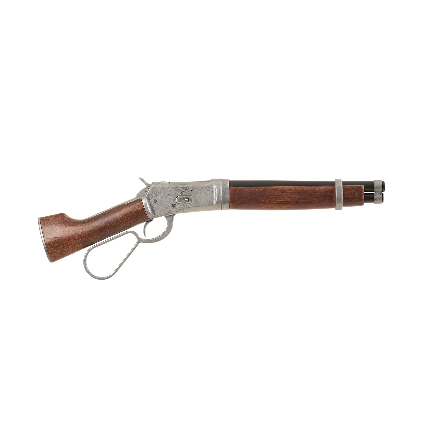 Right side view of gray Mare's Leg rifle with gray loop lever, mechanisms, and trim, wood stock, and black barrel.