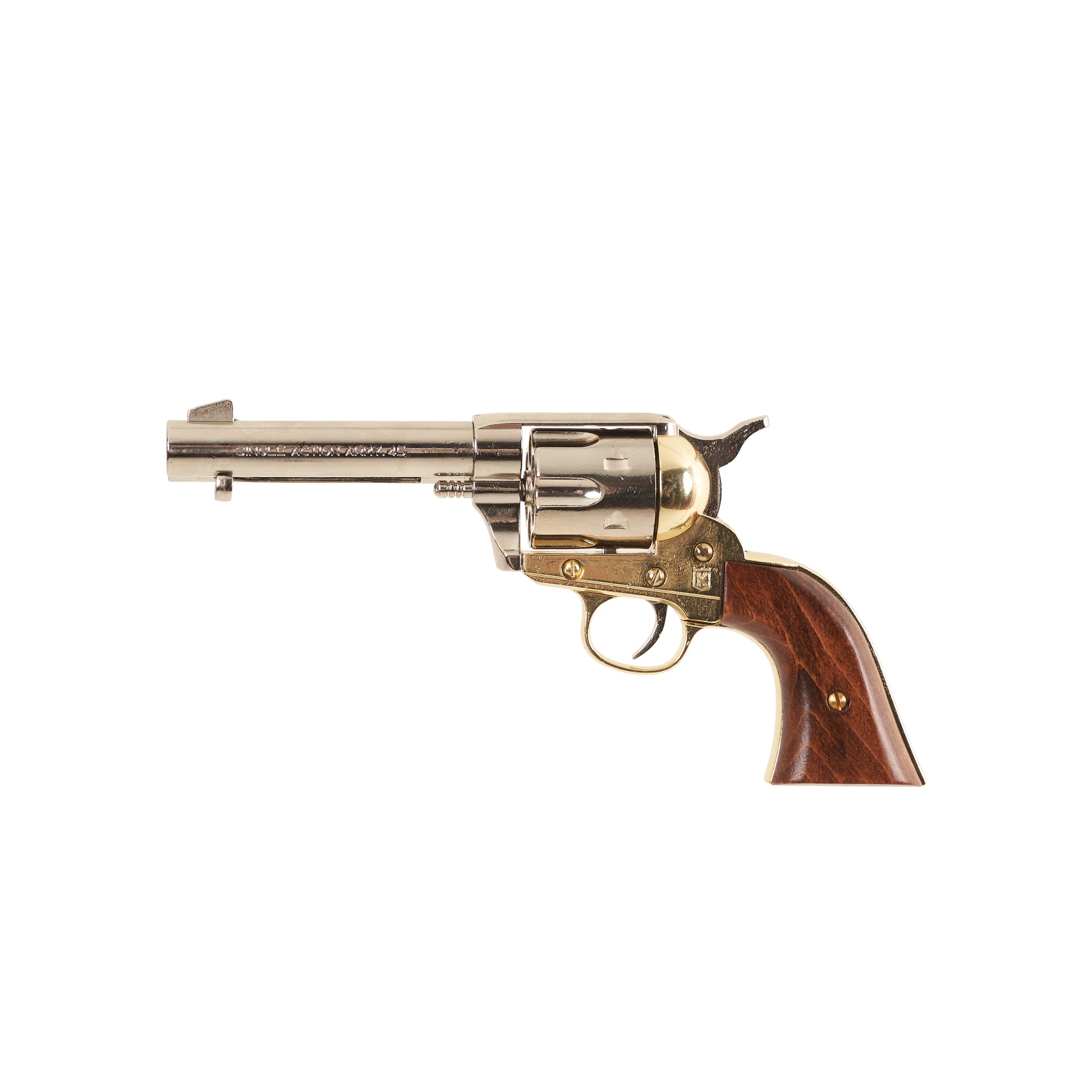 Left side view of polished nickel 1873 .45 Caliber Single Action Revovler with wood grip and brass trigger guard.
