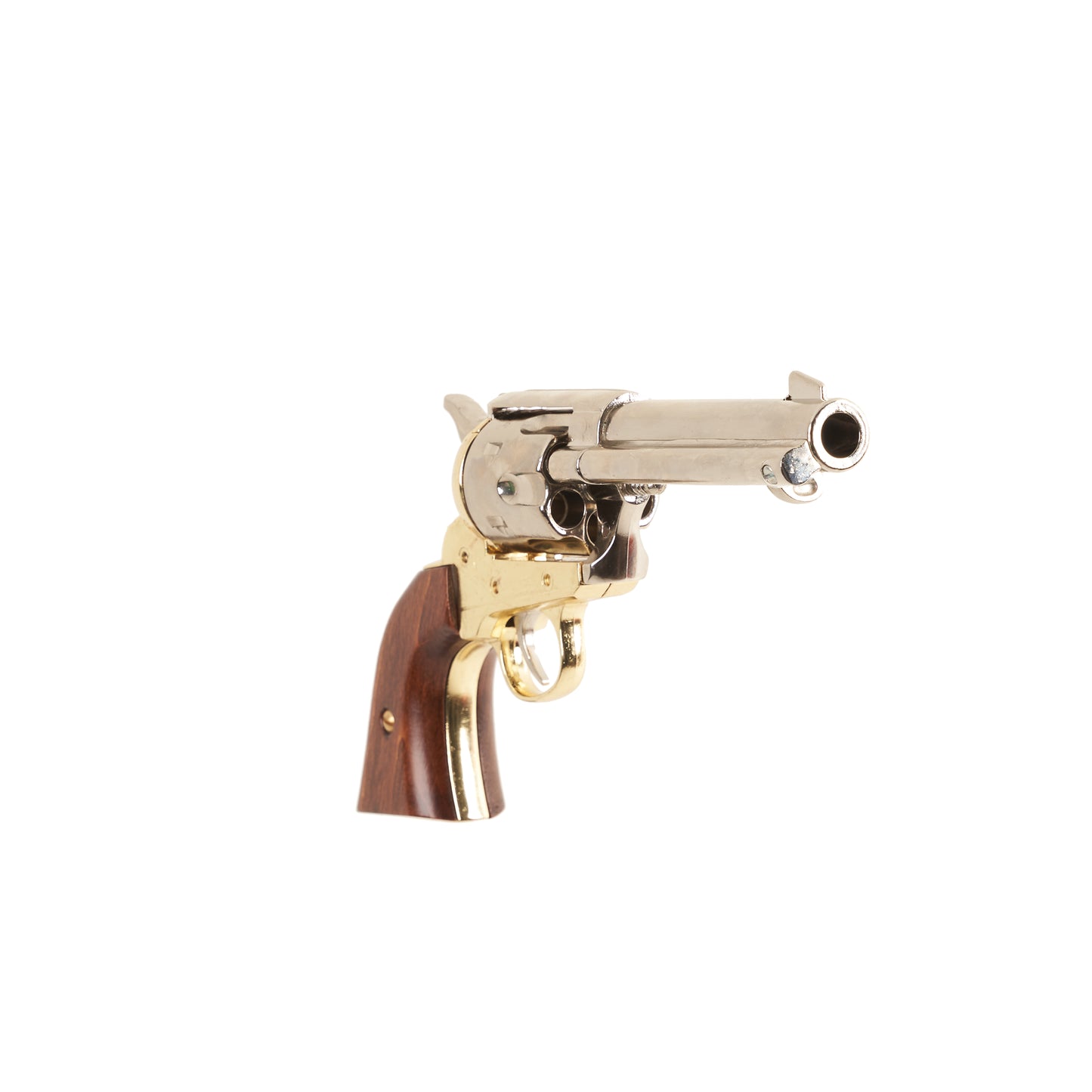 Front view of polished nickel 1873 .45 Caliber Single Action Revovler with wood grip and brass trigger guard.