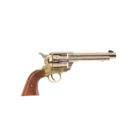 Right side view of polished nickel Non-Firing 1873 Peacemaker single action Revovler with brass trigger guard and wood grip.
