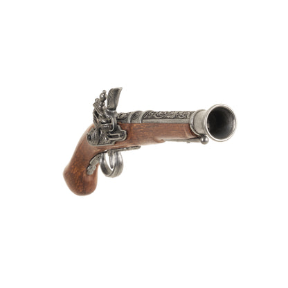 Front view of the Replica 18th Century Pirate Flintlock Pistol with intricately carved metal mechanisms, barrel, and carved faux wood grip.