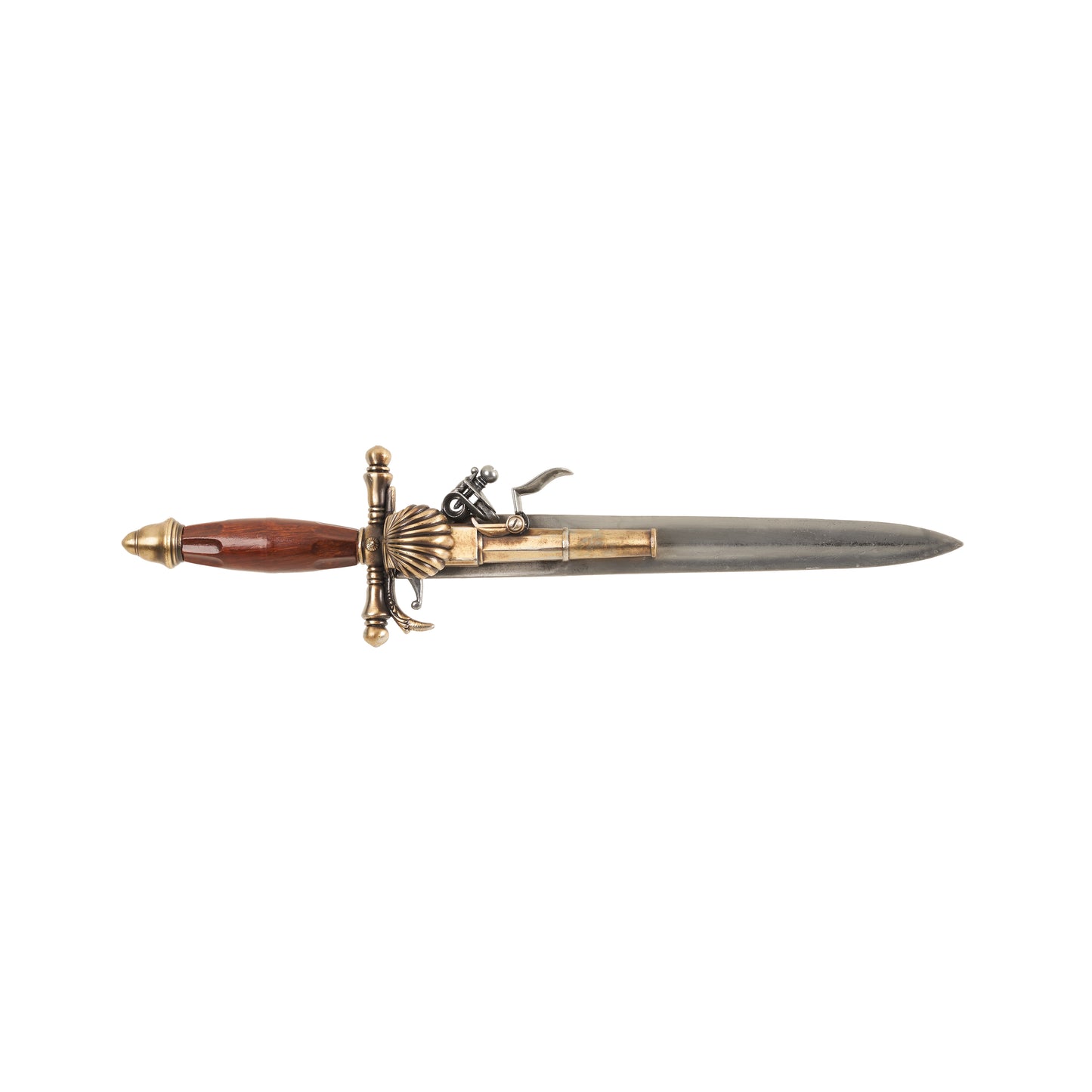 Right side view of 18th Century Dagger Pistol with brass gun barrel, brass hilt with shell adornment, wood grip with brass pommel, and steel dagger blade.