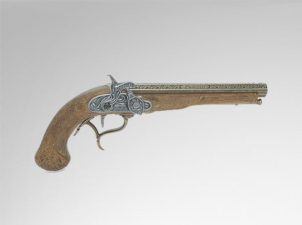 Picture of single wooden dueling pistol with pewter tone mechanism.