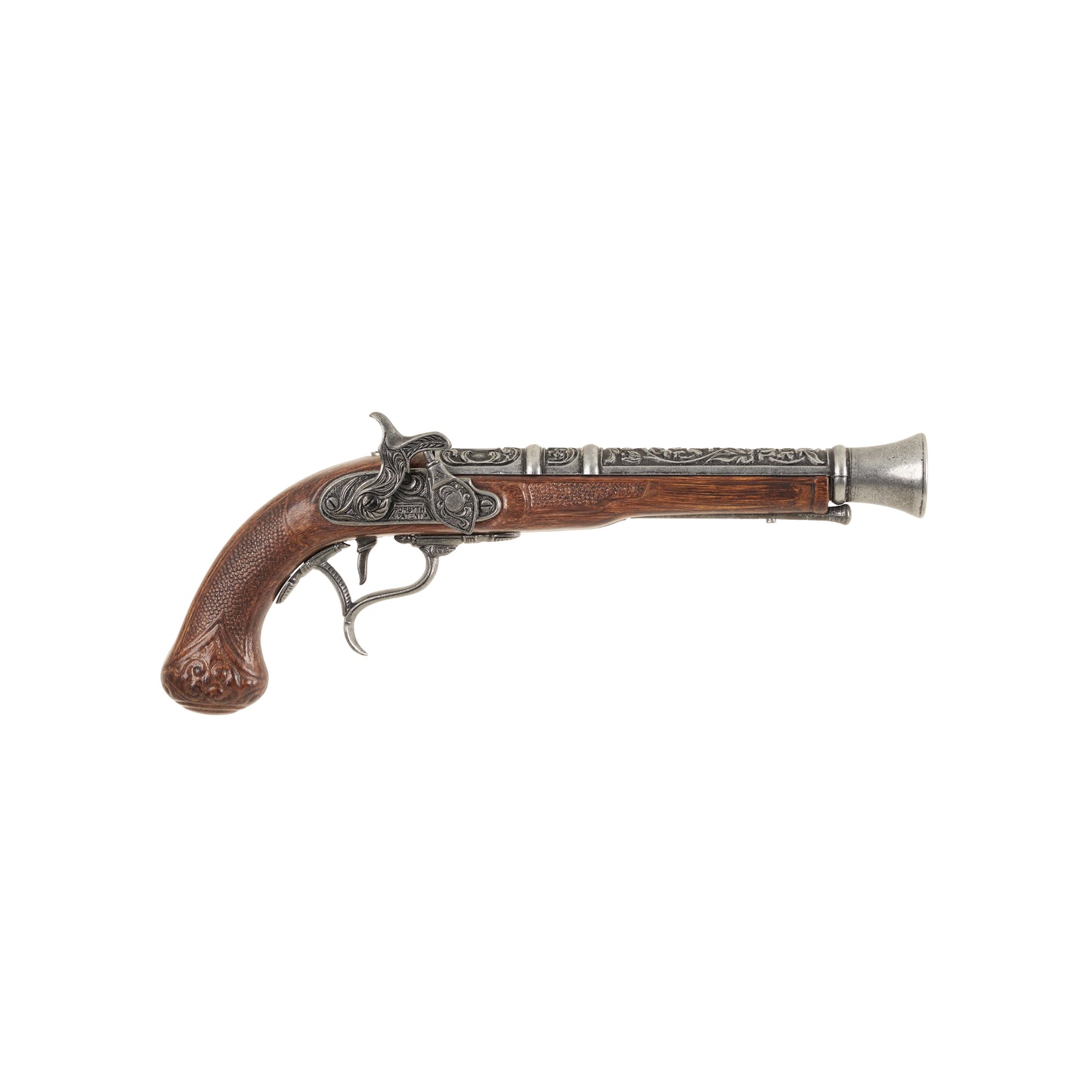 Right side view of the Replica 18th Century Flintlock Pistol with intricately carved metal mechanisms, barrel, and carved faux wood grip.