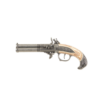 Left side of Replica 1775 Triple-Barrel Flintlock Pistol with carved faux ivory grip that ends in a pewter carved eagle's head. Decorative trigger guard, hammer, frizzen and barrels. 