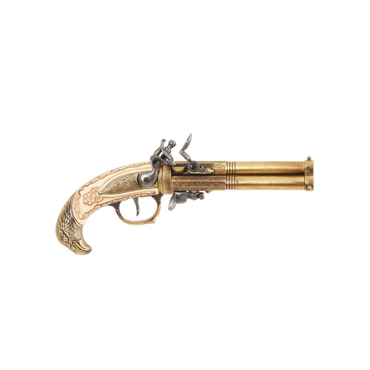 Right side of Replica Brass 1775 Triple-Barrel Flintlock Pistol with carved faux ivory grip that ends in a brass carved eagle's head. Decorative trigger guard, hammer, frizzen and barrels.