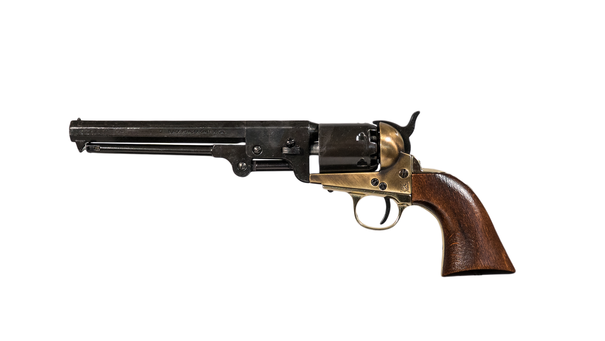 Left hand side of wood handled Black and Brass Replica Non-Firing Model 1851 Navy Revolver