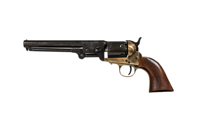 Left hand side of wood handled Black and Brass Replica Non-Firing Model 1851 Navy Revolver