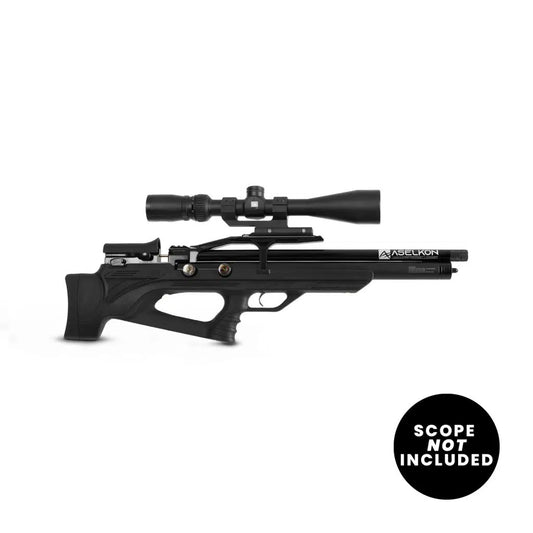 Right side view of a black Aselkon MX10 .25 Caliber PCP Air rifle with Synthetic Stock