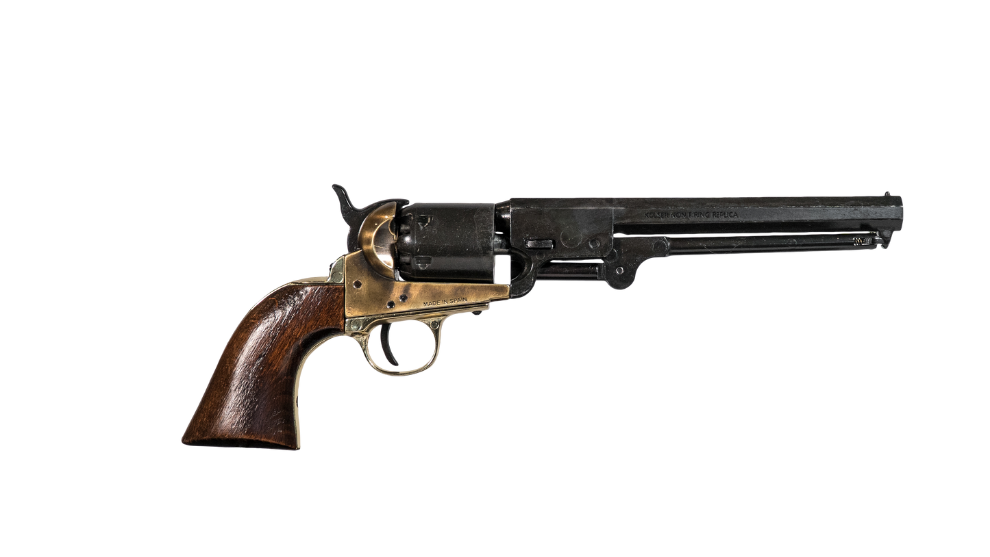 Right hand side of wood handled Black and Brass Replica Non-Firing Model 1851 Navy Revolver