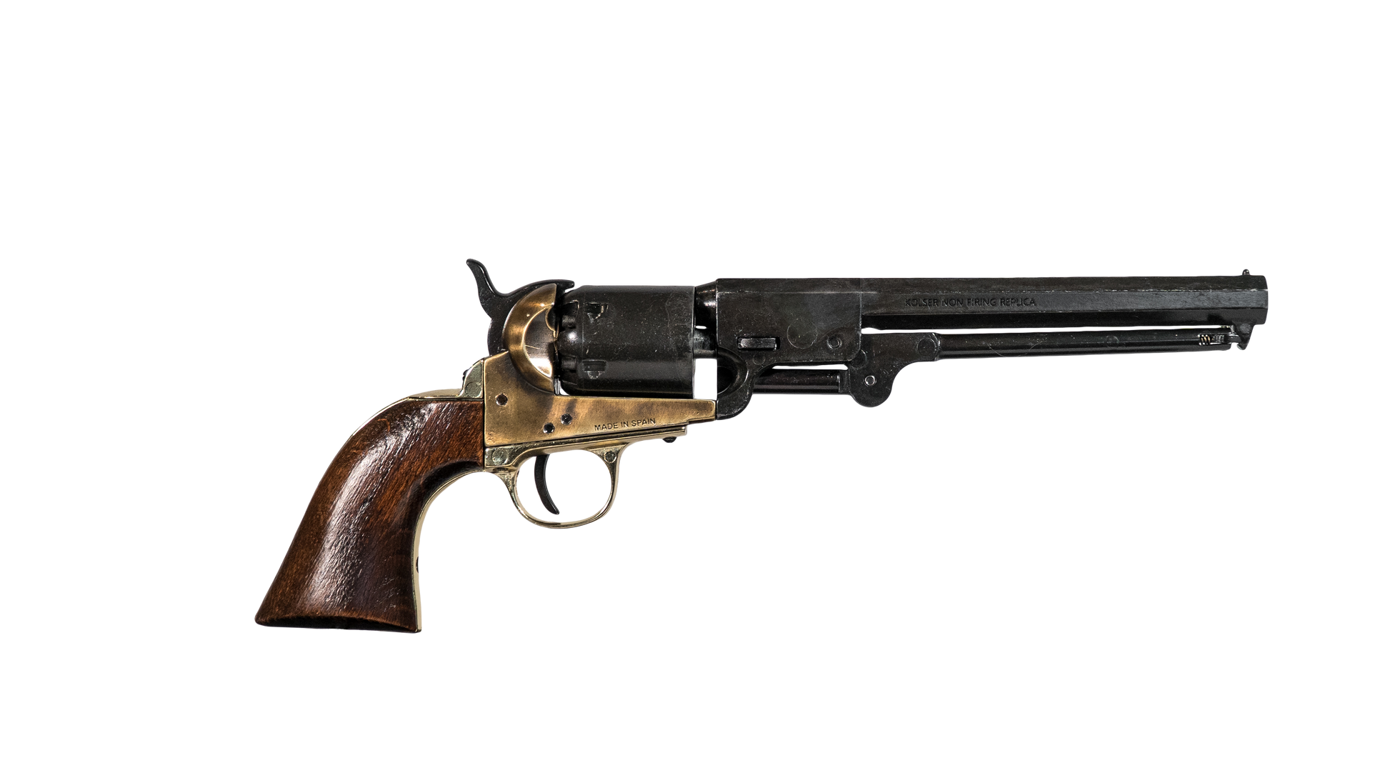 Right hand side of wood handled Black and Brass Replica Non-Firing Model 1851 Navy Revolver