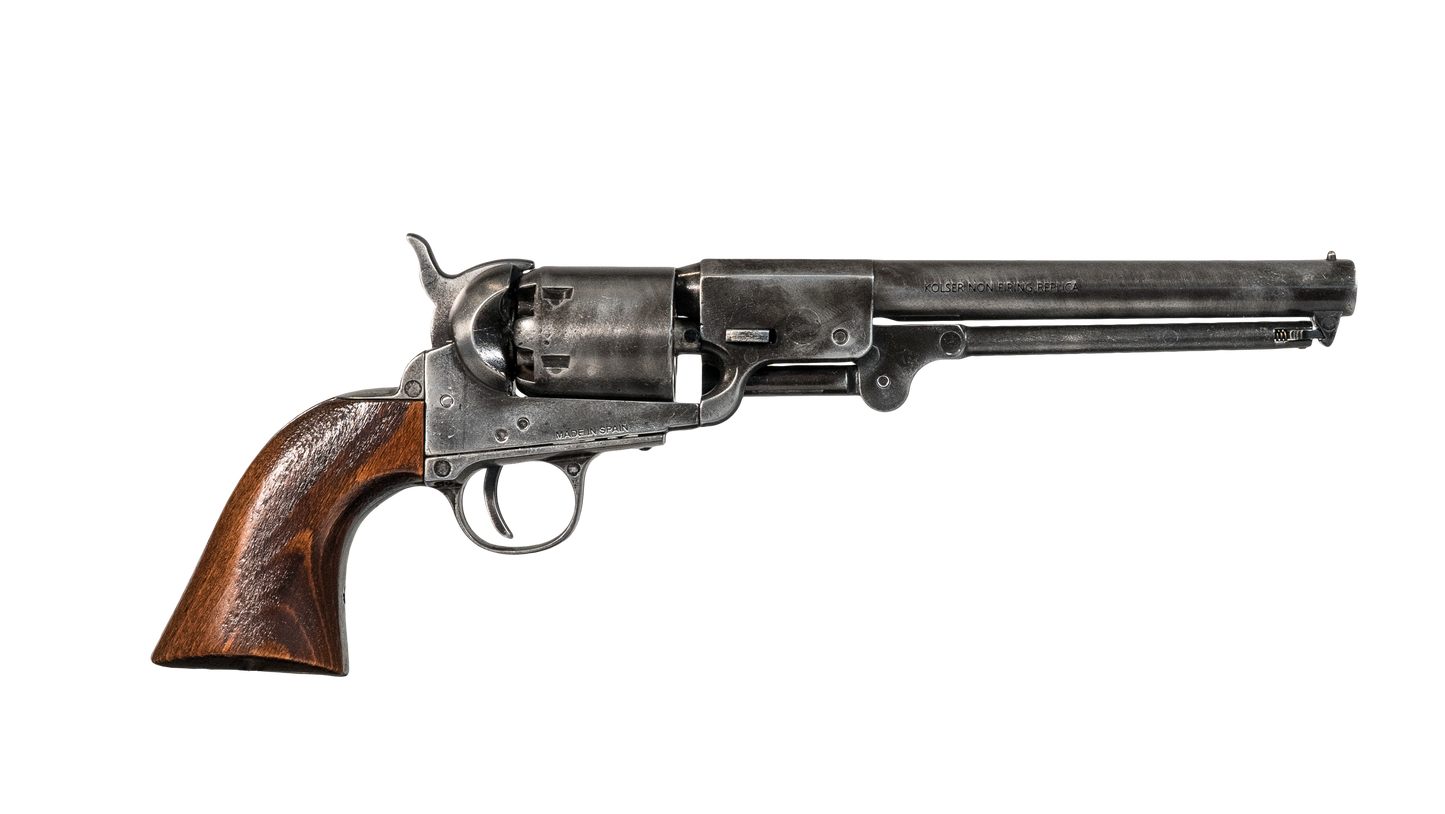 Right hand side of wood handled silver Antiqued Replica Non-Firing Model 1862-64 Confederate Navy Revolver