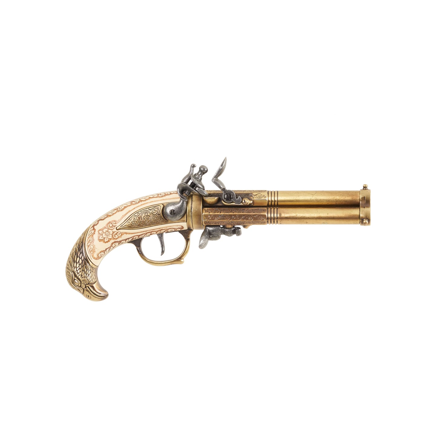 Right side of Replica Brass 1775 Triple-Barrel Flintlock Pistol with carved faux ivory grip that ends in a brass carved eagle's head. Decorative trigger guard, hammer, frizzen and barrels.