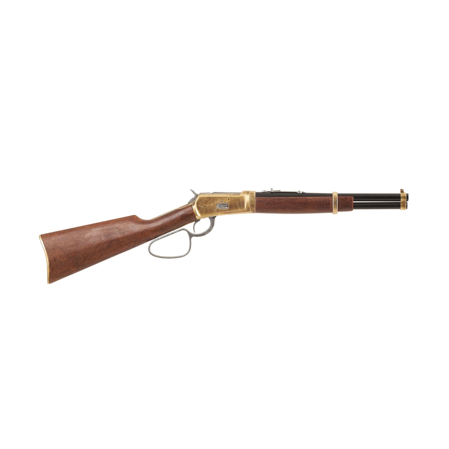 Right side view of 1892 Old West Rifle with brass mechanism and trim, wood stock, and black barrel.