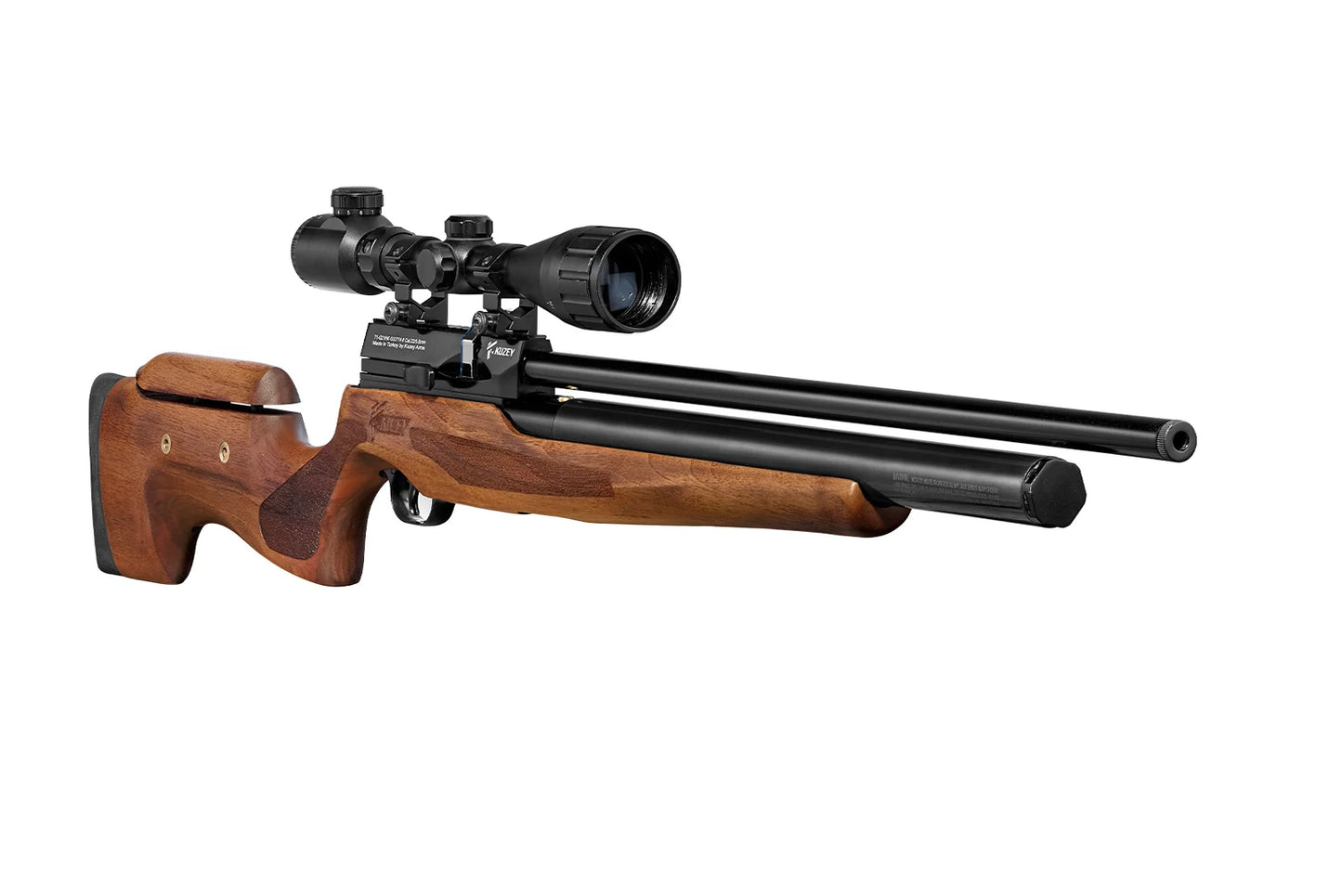 front view of kuzey k600 pcp air rifle turkish walnut stock