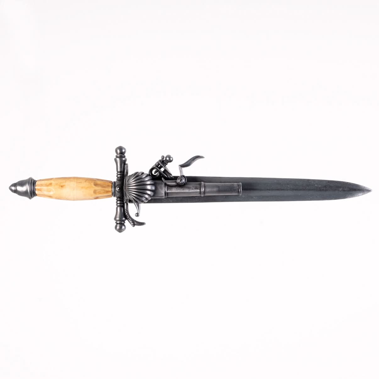 Right view of dagger pistol showing the flintlock side and mechanism.