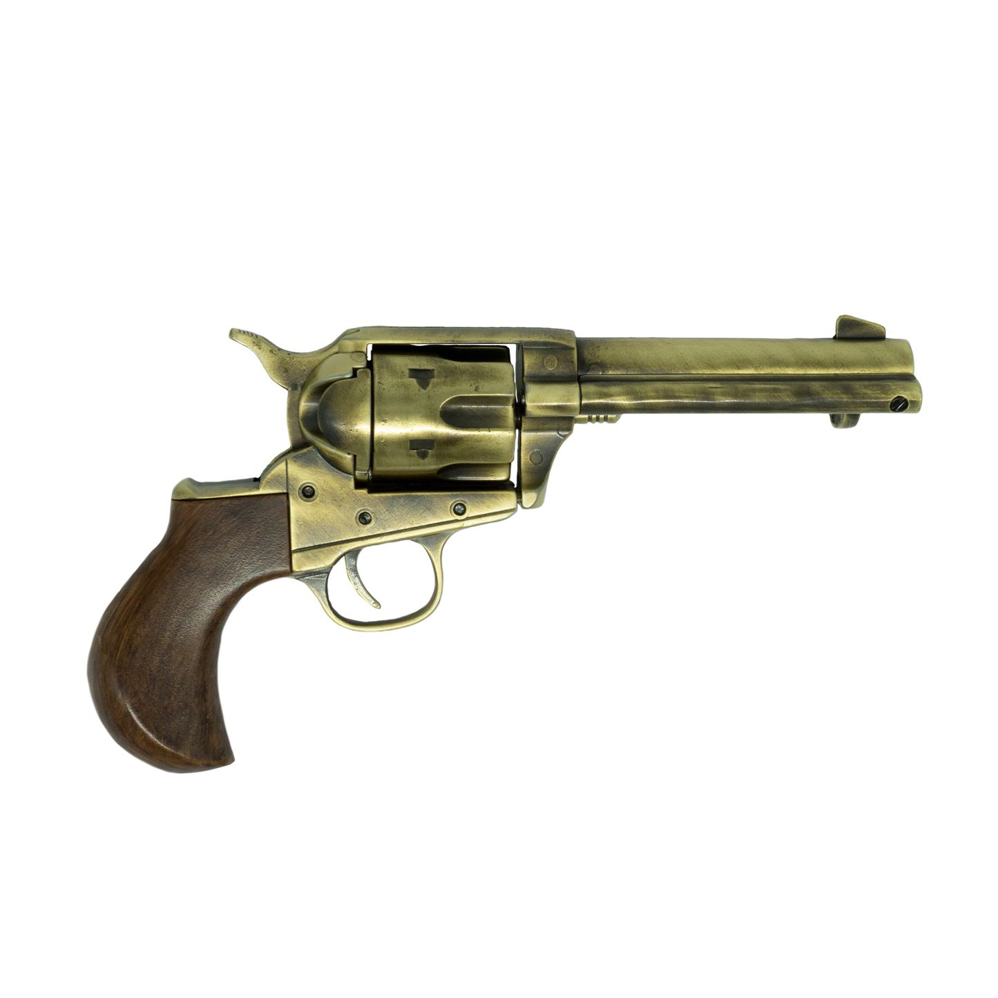 Right hand view of Thunderer in brass with a faux wood birdshead grip.