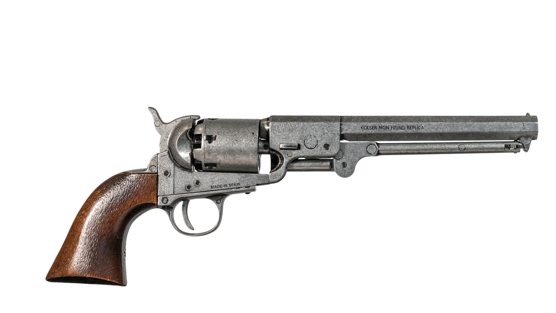 Left hand side of wood handled Antiqued Grey Replica Non-Firing Model 1851 Navy Revolver
