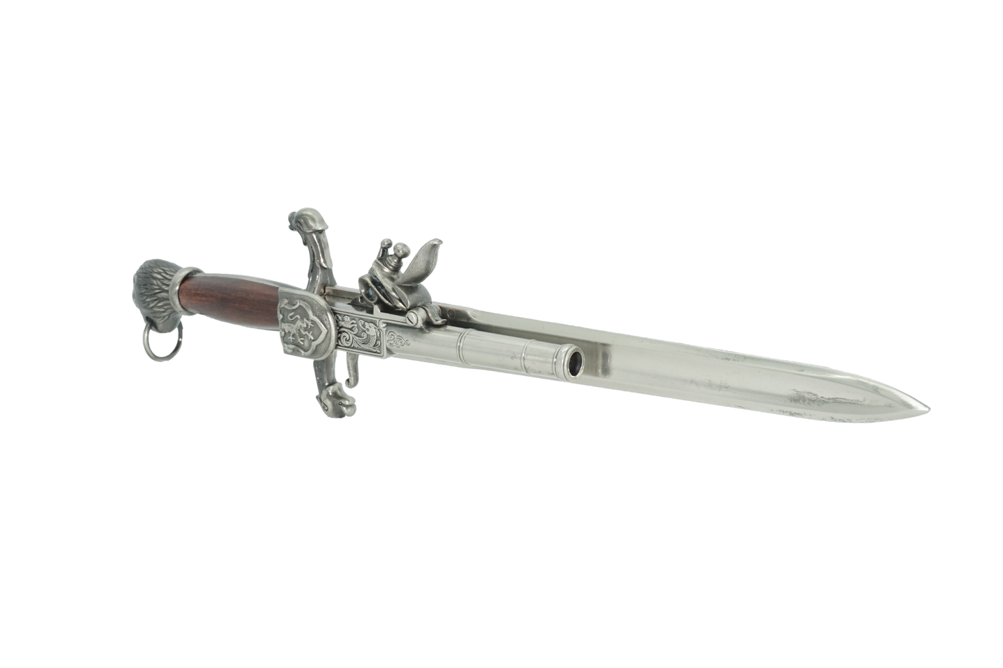left hand side of silver color dagger pistol showing the gun side with the dagger in the background