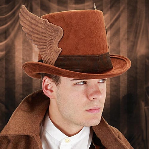 male model wearing a wing hat