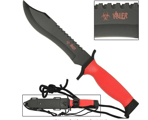 12 inch red survival bowie knife outside of sheath