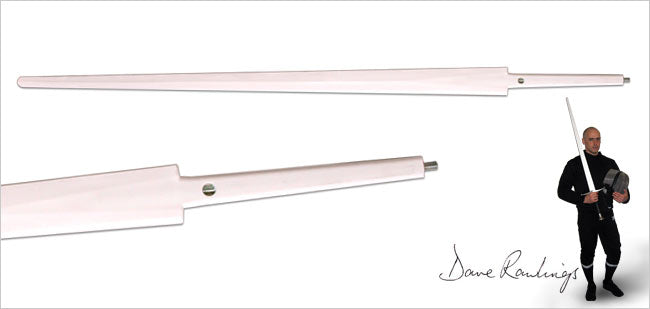 Xtreme Synthetic Sparring Longsword with a closeup of the handle and an image of a man holding a sword