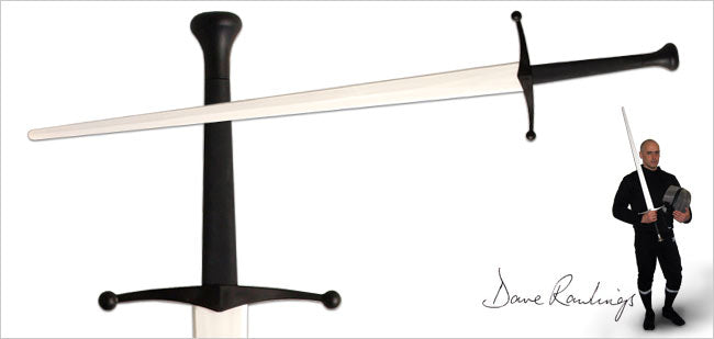 Xtreme Synthetic Sparring Longsword with a closeup of the handle and an image of a man holding a sword