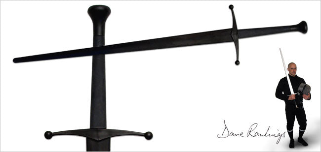 Xtreme Synthetic Sparring Longsword with a closeup of the handle and an image of a man holding a sword