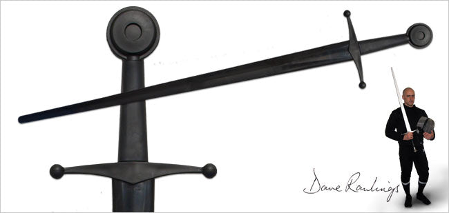 Xtreme Synthetic Sparring sword with a closeup of the handle and an image of a man holding a sword