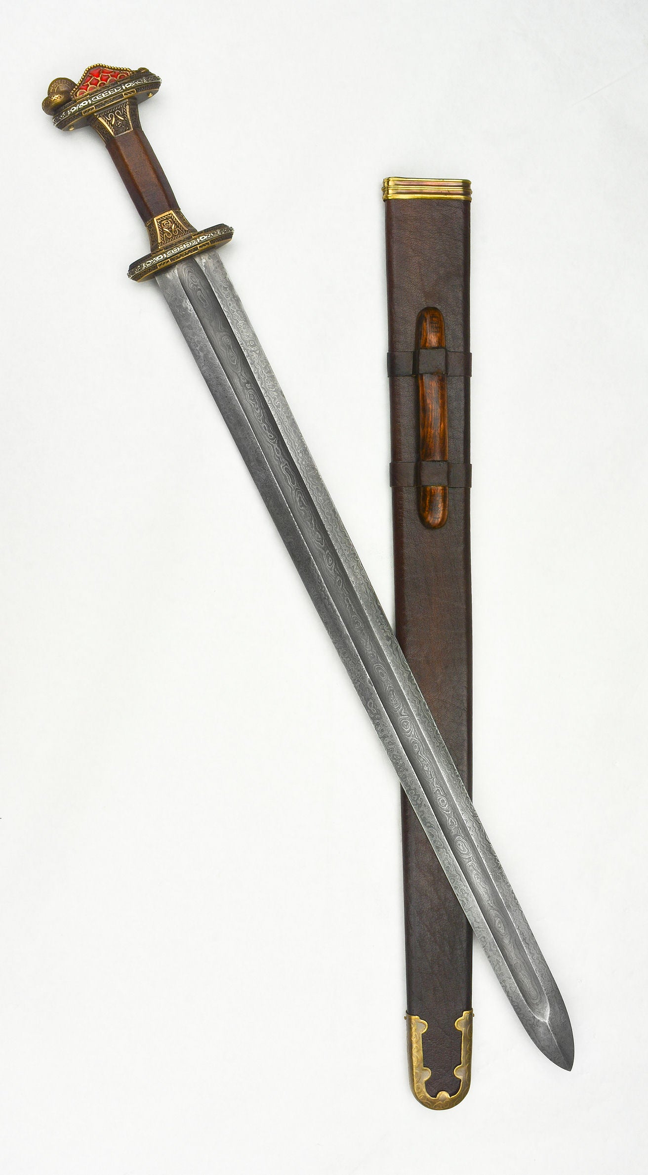 Scandinavian Vendel Chieftain's Sword with Damascus Blade - Brass Hilt with Tin Plated Accents