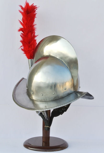 Combed Morion Helm with Red Plume - 16 Gauge Steel