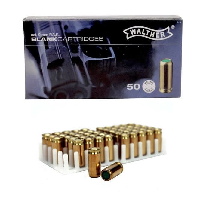 Box of Walther blank gun ammunition with some bullets sitting outside the box