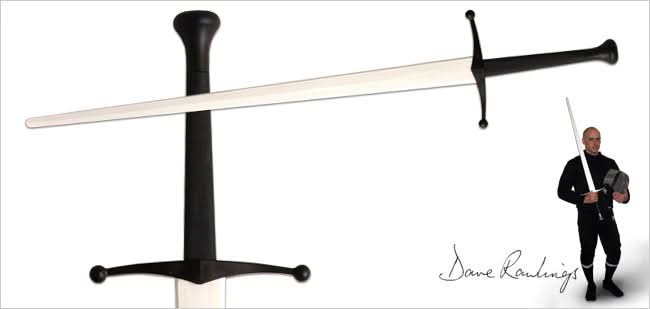 Xtreme Synthetic Sparring Longsword with a closeup of the handle and an image of a man holding a sword