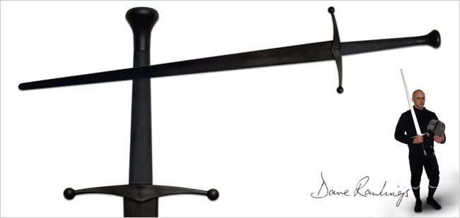 Xtreme Synthetic Sparring Longsword with a closeup of the handle and an image of a man holding a sword