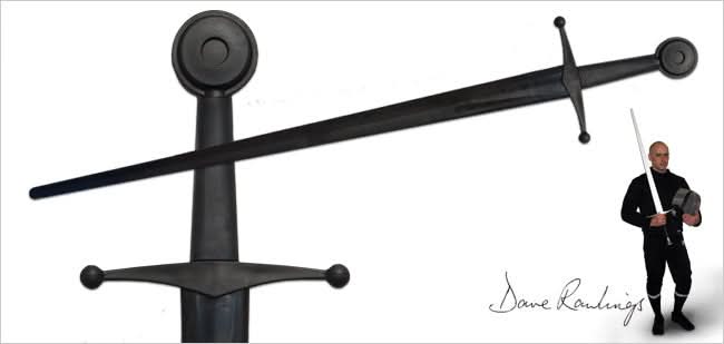 Xtreme Synthetic Sparring sword with a closeup of the handle and an image of a man holding a sword