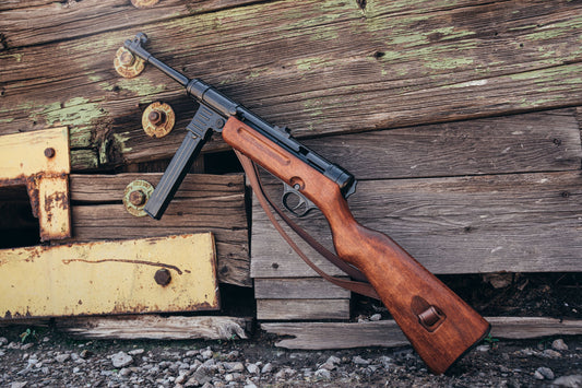 Right side of the MP41 on old weathered oak wood. 