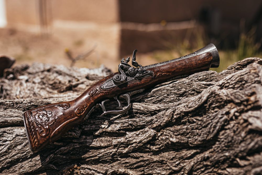 Side view of blunderbuss on a tree log.