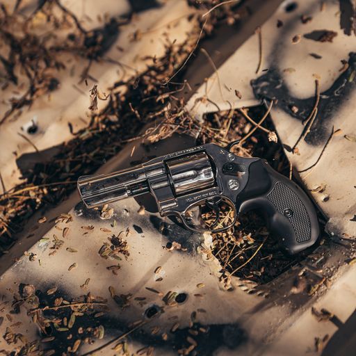 Side view of small Ekol revolver on weathered metal. 