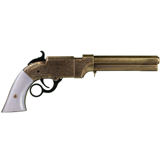 Right side of volcanic revolver with pearl grips. 