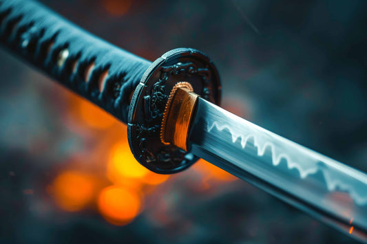 close up of a katana sword against an orange glow background