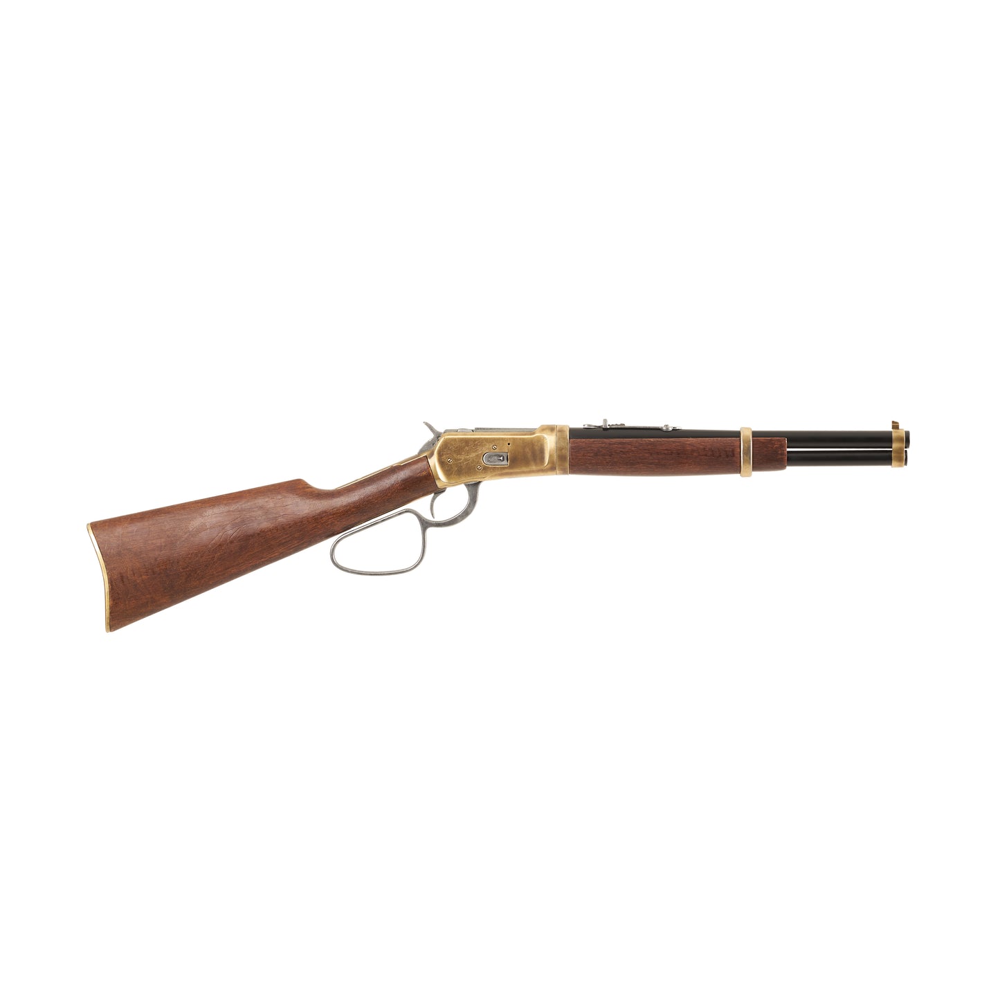 Right side  view of 1892 Old West Rifle with brass mechanism and trim, wood stock, and black barrel.