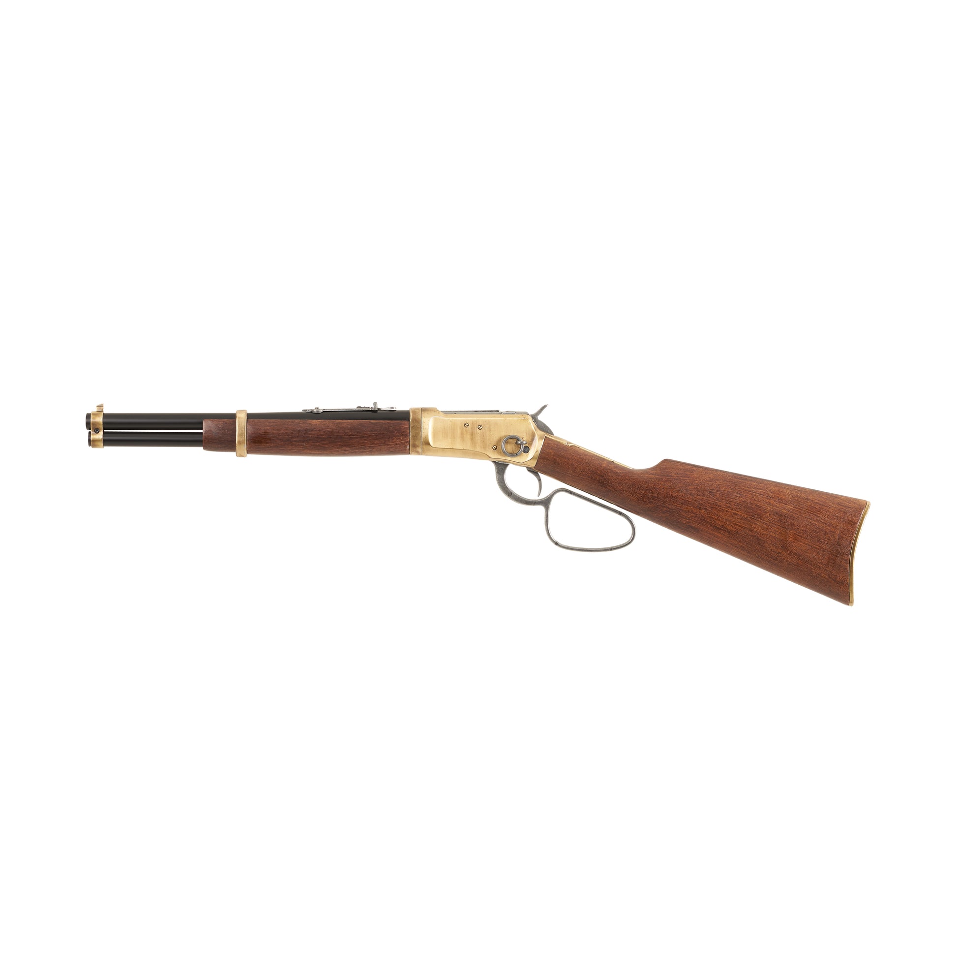 Left side  view of 1892 Old West Rifle with brass mechanism and trim, wood stock, and black barrel.