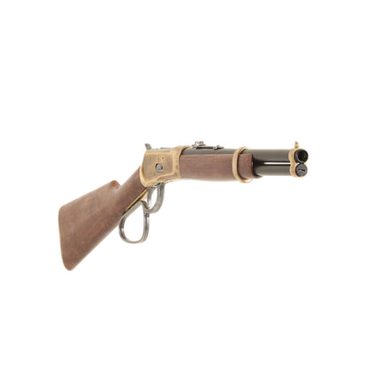 Front  view of 1892 Old West Rifle with brass mechanism and trim, wood stock, and black barrel.