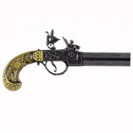 Right side view of Twigg Pistol, fantastically detailed brass grip with intricate detailing on flintlock mechanism. Double barrel. 