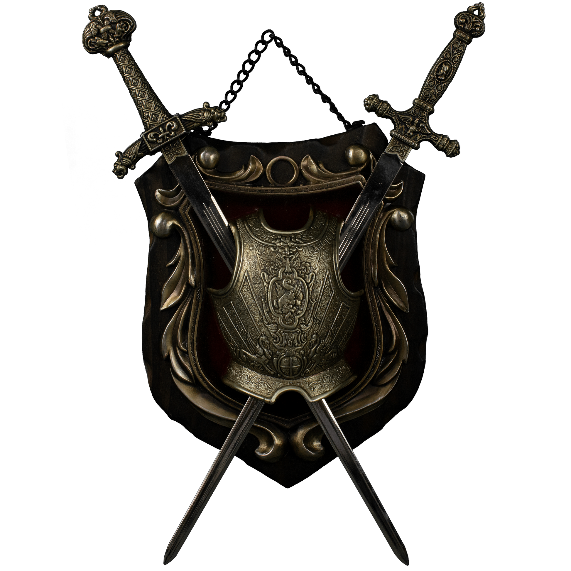 Black wooden shield with crossed swords under an intricately detailed breast plate.
